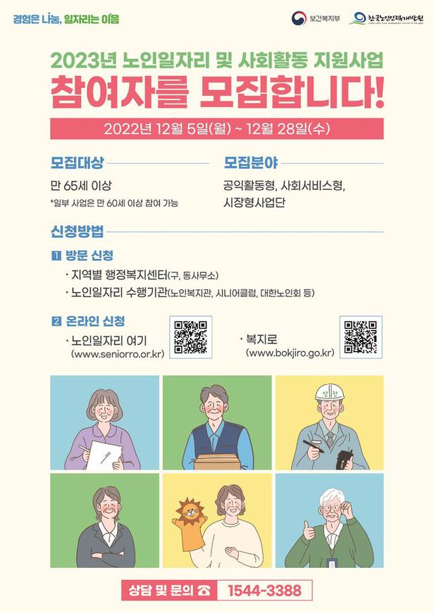 보건복지부 한국노인인력개발원 경험은 나눔, 일자리는 이음 2023년 노인일자리 및 사회활동 지원사업 참여자를 모집합니다! 2022년 12월 5일 (월)~ 12월 28일 (수) 모집대상: 만 65세 이상 *일부 사업은 만 60세 이상 참여 가능 모집분야: 공익활동형, 사회서비스형, 시장형사업단 신청방법 1. 방문신청 -지역별 행정복지센터(구, 동사무소) -노인일자리 수행기관(노인복지관, 시니어클럽, 대한노인회 등) 2. 온라인 신청 -노인일자리 여기(www.seniorro.or.kr) -복지로(www.bokjiro.go.kr) 상담 및 문의 1544-3388
